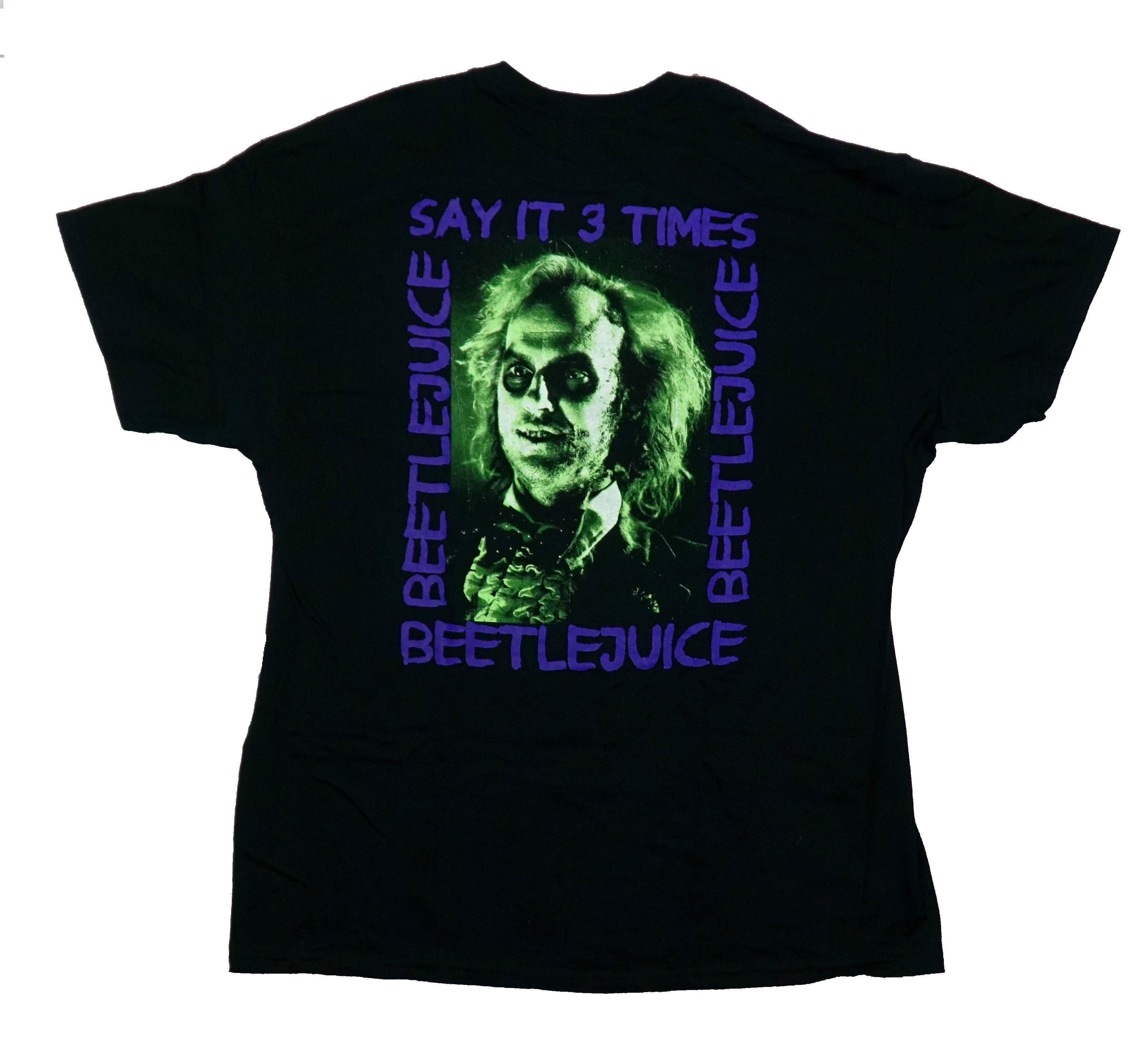 Beetlejuice  Mens T-Shirt - Lapel Logo Beetlejuice Say It 3 Times on Back