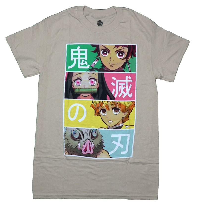 Demon Slayer Mens T-Shirt -4 Panel Characters Along Kanji Names