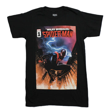 Spider-man Mens T-Shirt - Miles Morales Miles Leaping in Golden City & Lightning