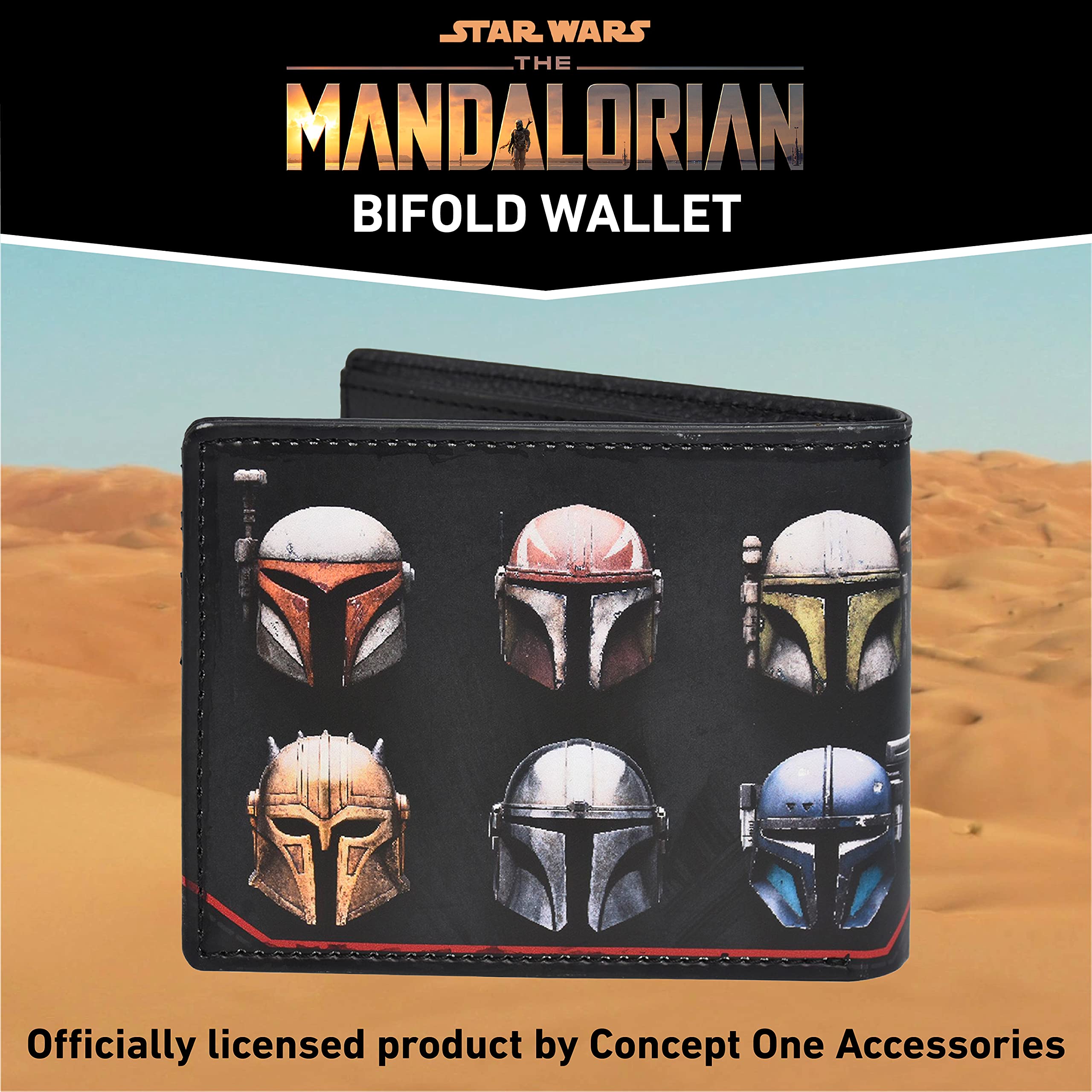 Star Wars The Mandalorian Wallet, Slim Bifold Wallet with Decorative Tin Case, Black and Red