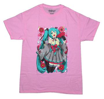 Hatsune Miku Mens T-Shirt -  Holding Fan Jumping Amongst Red Daisies