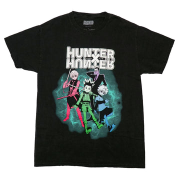 Hunter X Hunter Mens T-Shirt - 4 Characters Under Name Over Smoky Blue