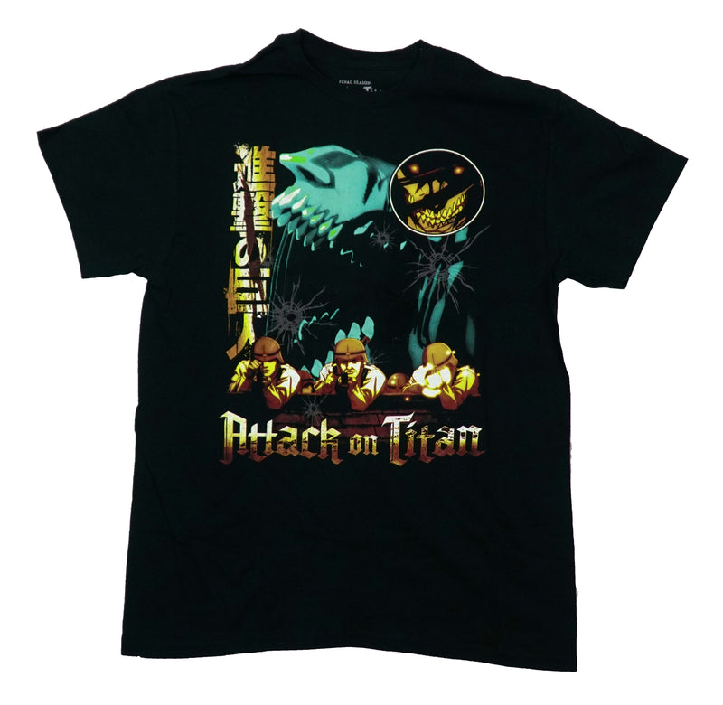 Attack on Titan Mens T-Shirt - Soldiers Firing Guns Along Wall Below Titans
