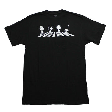 Peanuts Mens T-Shirt - Black & White Snoopy and Gang Crossing Abbey Road