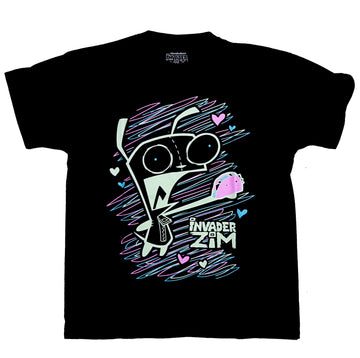 Invader Zim Mens T-Shirt - Gir Over Fluorescent Scribbled Lines