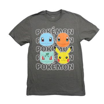 Pokemon Mens T-Shirt - Head Shot of Starters Over Repeated Name