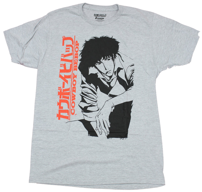 Cowboy Bebop Mens T-Shirt - Spike Hunched Over Next To Vertical Kanji Logo
