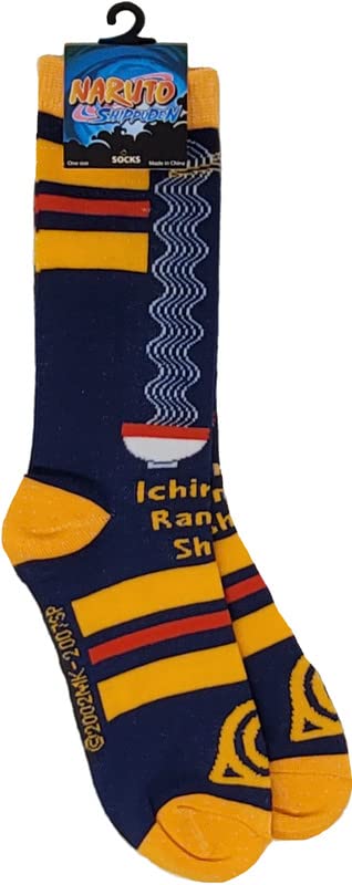 Ripple Junction Naruto Shippuden Adult Crew Socks Ichiraku Ramen Navy and Gold Officially Licensed