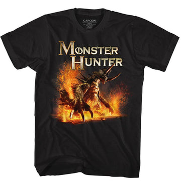 Monster Hunter Mens T-Shirt - Firery Dragon Battle Under Name