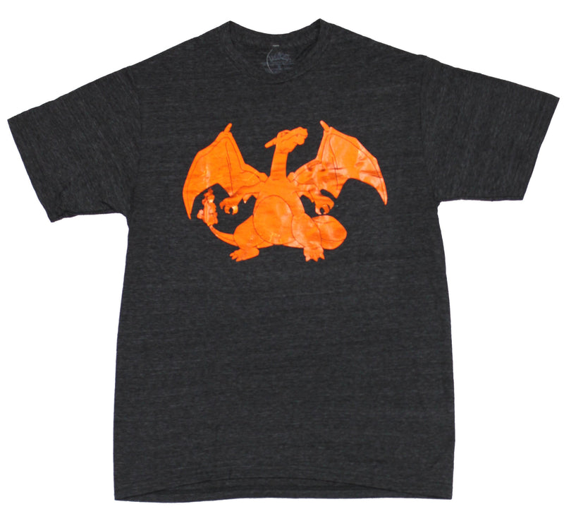 Pokemon Nintendo Mens T-Shirt - Distressed Orange Foil Charizard Image (Large) Gray