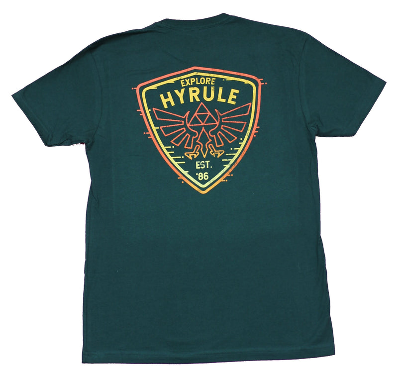 Legend of Zelda Mens T-Shirt - Explore Hyrule Lapel & Large Logo Back