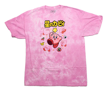 Kirby Mens T-Shirt -Floating Under Yellow Kanji Surrounded by Fruit Tie Dye