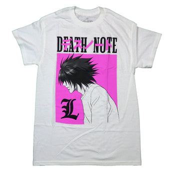 Death Note Mens T-Shirt - L Hidden Face Image In Front of Pink Background