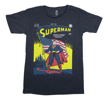 Superman Mens T-Shirt - Sept Issue Holding American Flag In Front of City