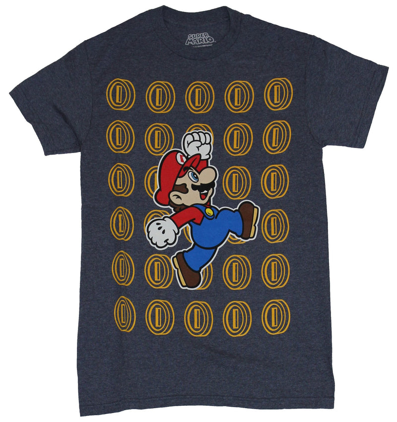Super Mario Brothers Mens T-Shirt - Jumping Full Color Mario Over Coin Field