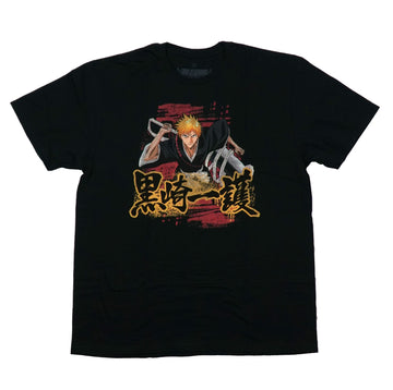 Bleach Mens T-Shirt -  Sword Behind His Back Over Gold & Black Kanji