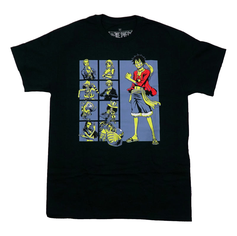One Piece Mens T-Shirt - Luffy Standing Besides 8 Character Boxes
