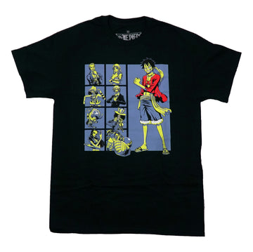 One Piece Mens T-Shirt - Luffy Standing Besides 8 Character Boxes