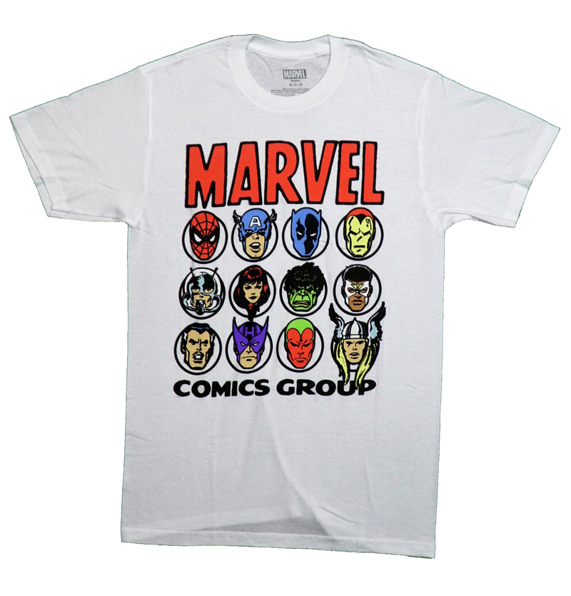 Marvel Comics Mens T-Shirt - 12 Character Retro Head Shots Under Logo