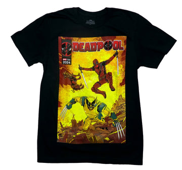 Deadpool & Wolvwerine Mens T-Shirt - Leaping In Fiery Rubble 2024