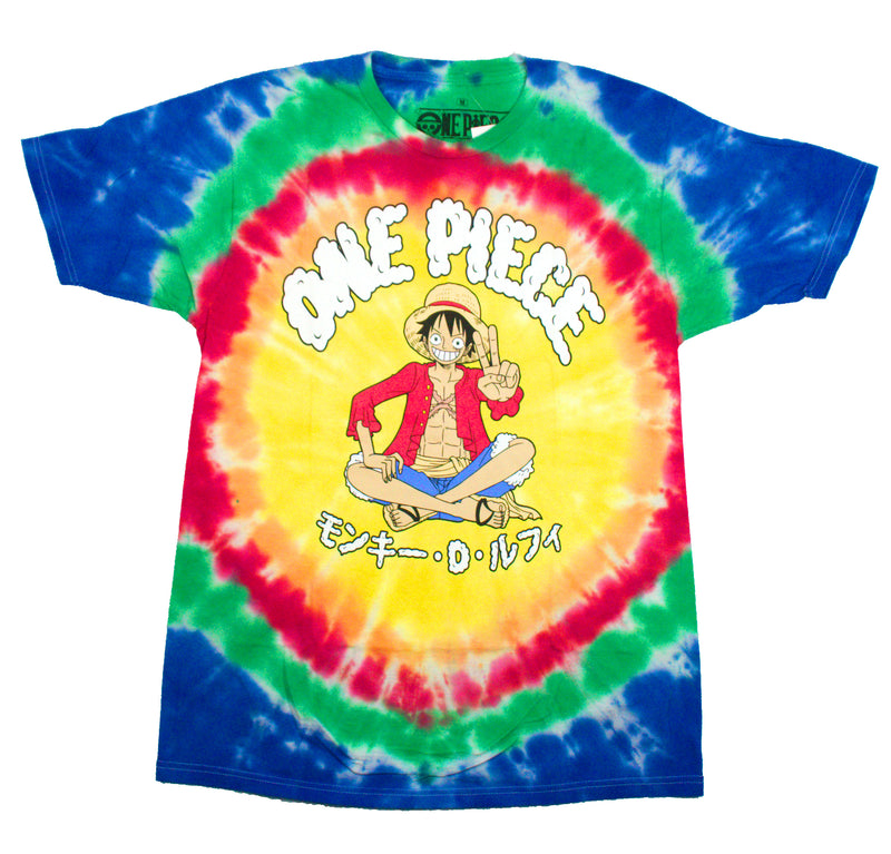 One Piece Mens T-Shirt - Rainbow Tie Dye Luffy Sitting Above Kanji Name