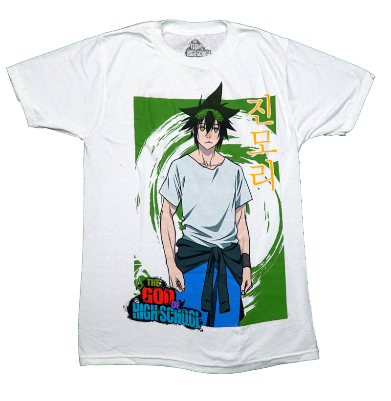 The God of High School Mens T-Shirt - Jin Mori Posing Along Yellow Kanji