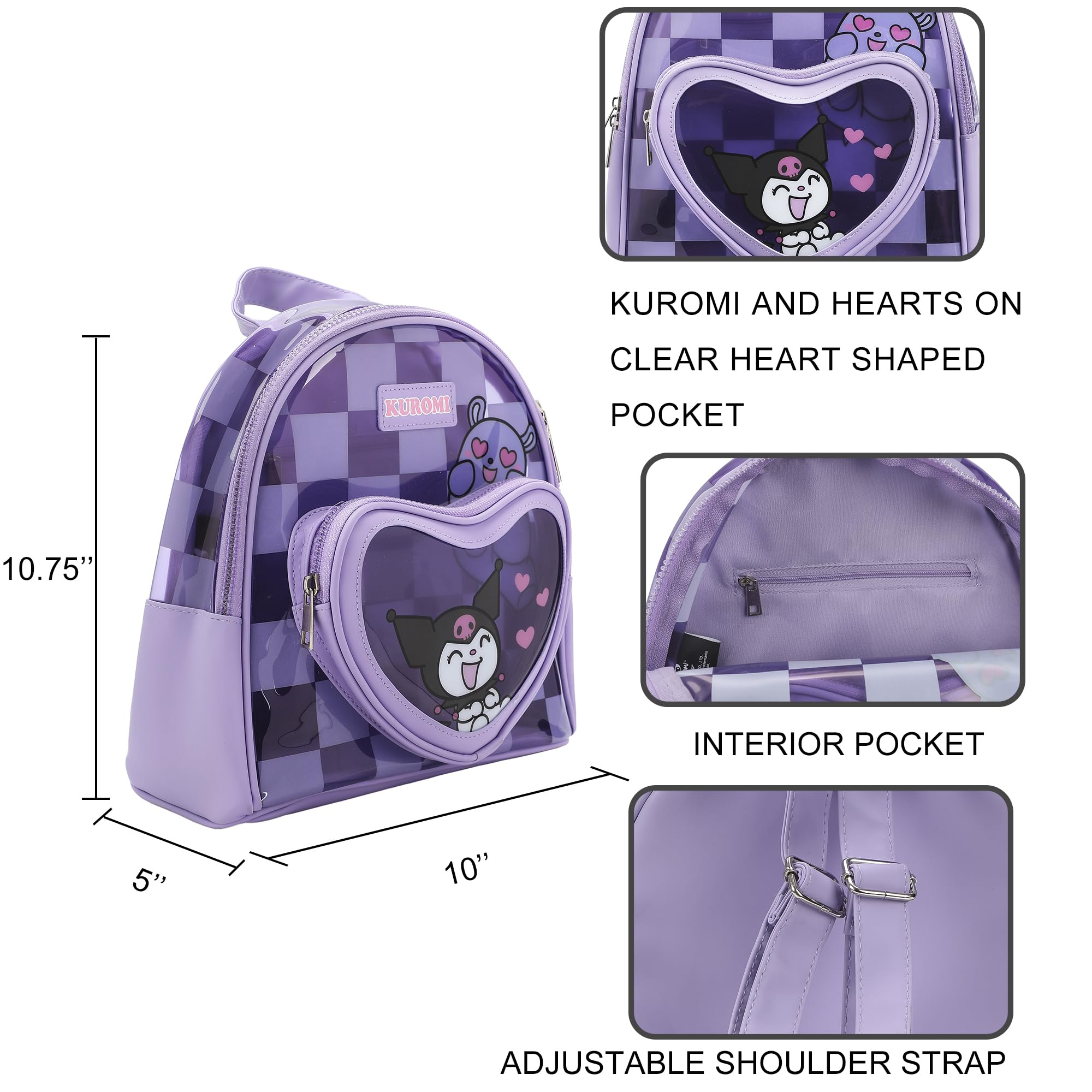 Bioworld Kuromi & Baku Hearts 10" Purple Checkered Women's Mini Backpack