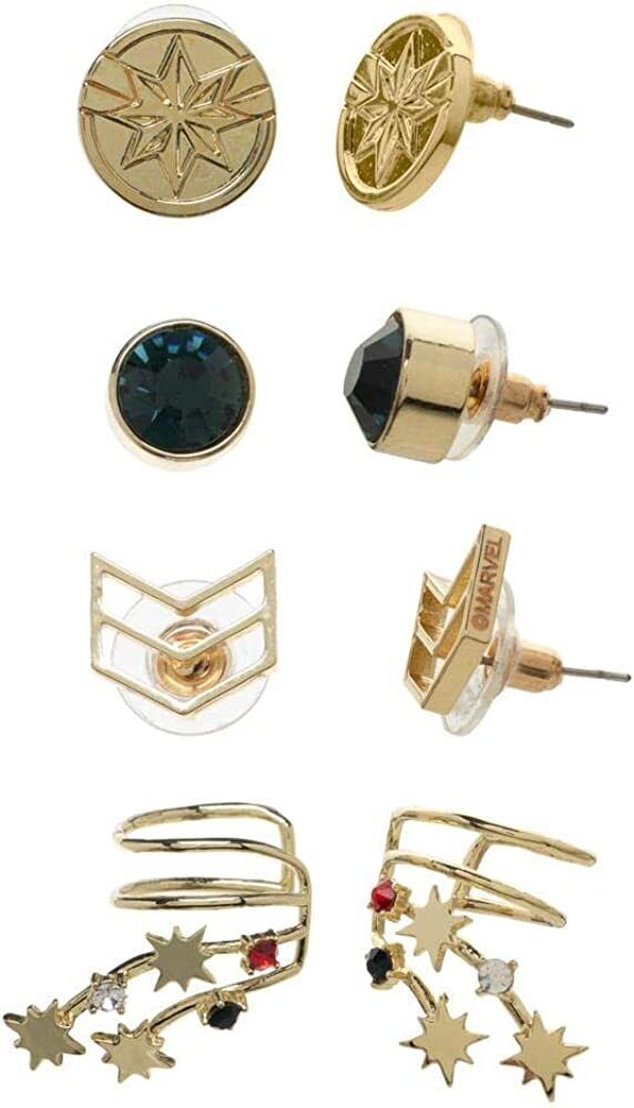 Captain Marvel Earring and Ear Cuff Set, Comes W/ 1 Cuff & 3 Stud Earrings