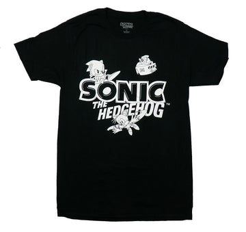 Sonic the Hedgehog Mens T-Shirt - Black and White Characters on Logo