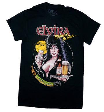 Elvira Mens T-Shirt - Mistress of the Dark Fright Light Beer Ad