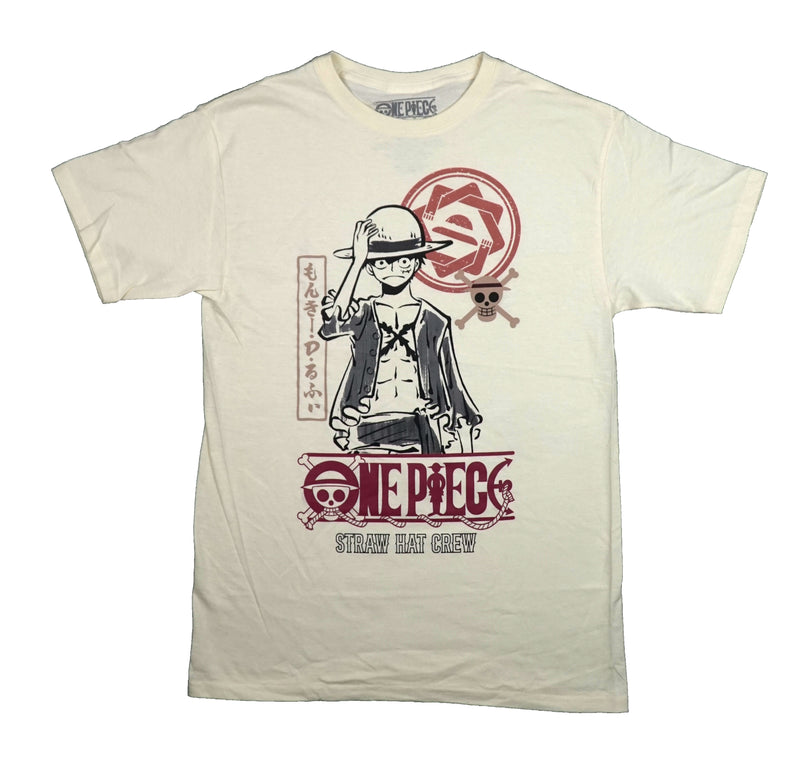 One Piece Mens T-Shirt - Luffy Sketch Under Symbol Straw Hat Crew