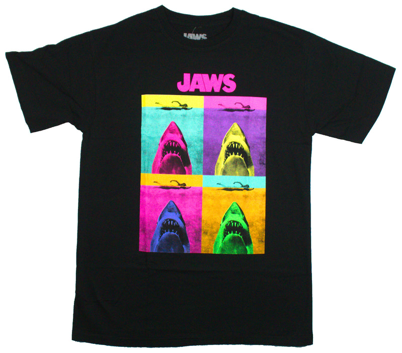 Jaws Mens T-Shirt - Fluorescent Boxed Images of Jaws Below Swimmer