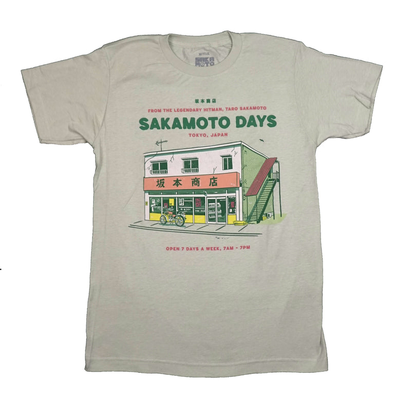 Sakamoto Days Mens T-Shirt - Market Tokyo, Japan Open 7 Days Ads on Back