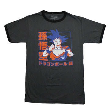 Dragon Ball Z Mens Ringer T-Shirt -Goku Munching On Ramen Kanji Side & Below