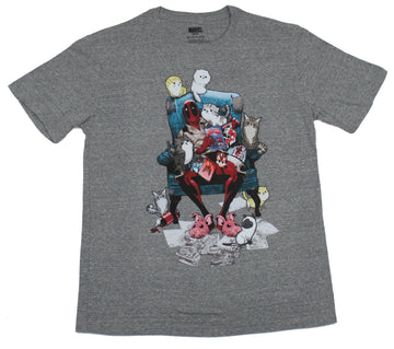 Deadpool (Marvel Comics) Mens T-Shirt - Deadpool Easy Chair Kitty Comic Pile