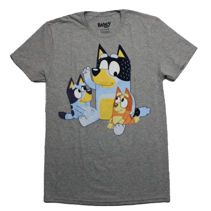 Bluey Mens T-Shirt - Bandit Sitting with Bingo and Bluee - Inmyparentsbasement.com