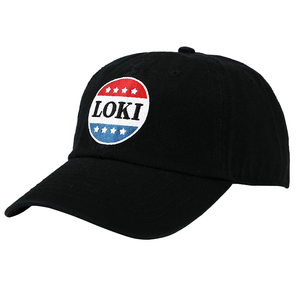 Bioworld Loki Red White and Blue Button Embroidered Black Cotton Twill Hat