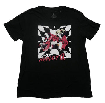 Harley Quinn Mens T-Shirt - Posing Over Checkered Background Above XOXO
