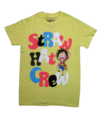 One Piece Mens T-Shirt - Chibi Luffy Standing on Bubble Straw Hat Crew Name