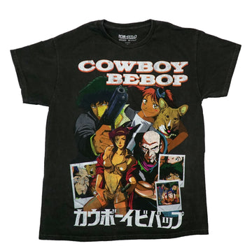 Cowboy Bebop Mens T-Shirt - Cast Polaroid Images & Kanji Name Stone Wash