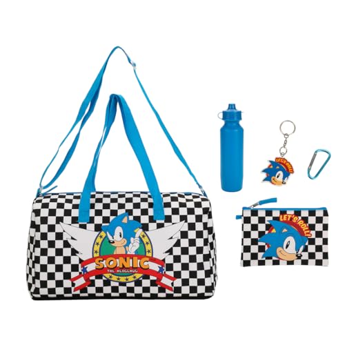 Sonic The Hedgehog Classic 5-Pc Duffle Bag Utility Case Water Bottle Key Chain and Carabiner