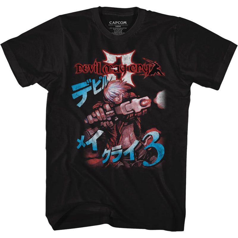 Devil May Cry 3 Mens T-Shirt -Dante Gun Pose Over Japanese Characters