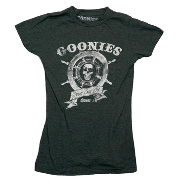 Goonies Girls Juniors T-Shirt -Skull Center of Helm Never Say Die