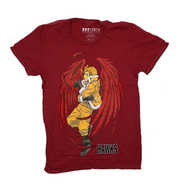 My Hero Academia Mens T-Shirt -Hawks the Wing Hero Pictured with Red Wings