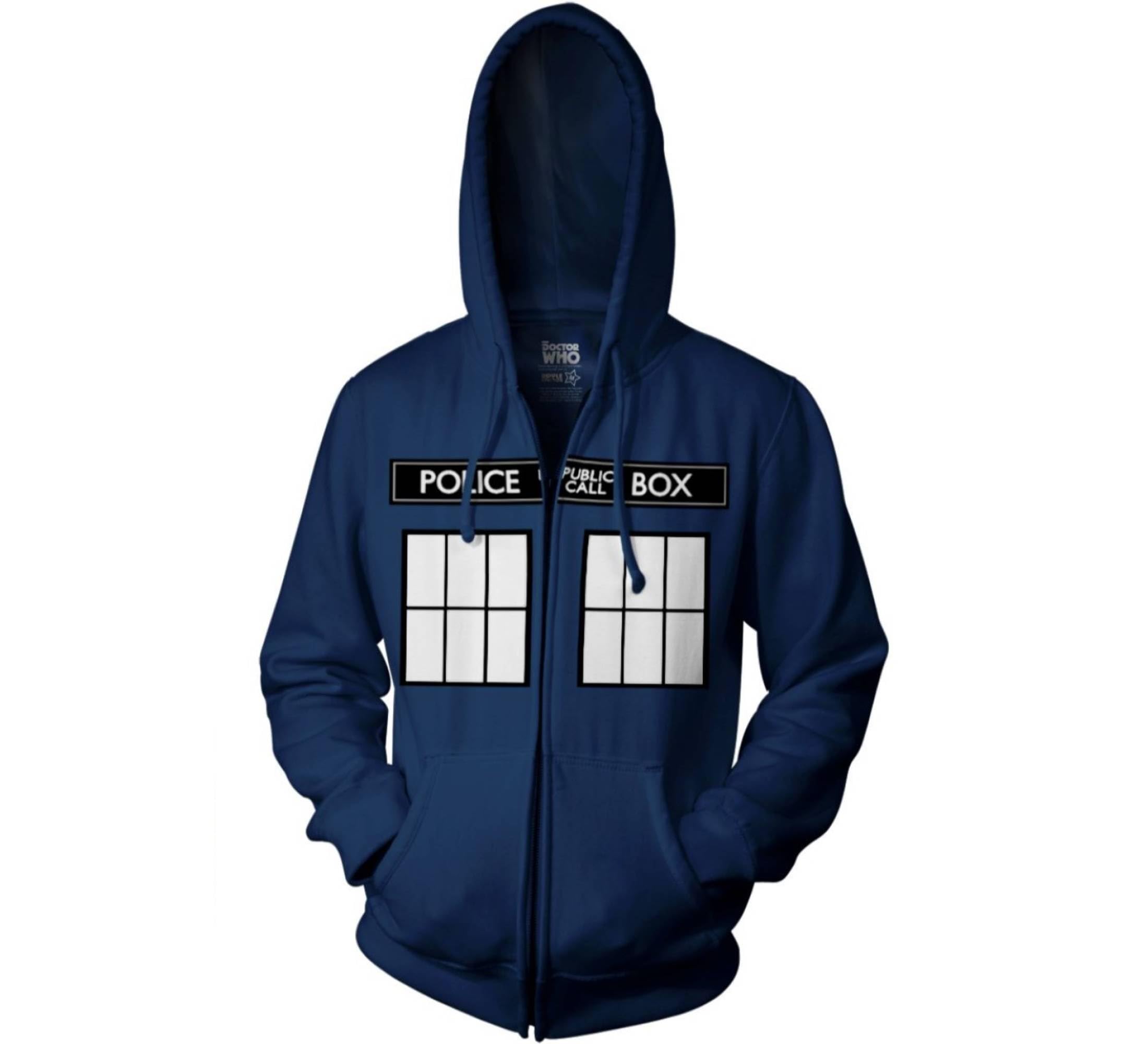 Ripple Junction Doctor WhoMens Full Zip-Up Hooded Sweatshirt Tardis Police Public Call Box Officially Licensed