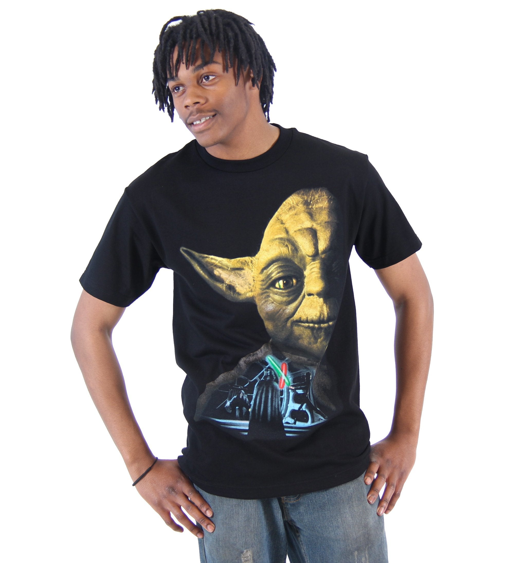 Star Wars Mens T-Shirt - Giant Yoda Half Face Over Saber Battle Image