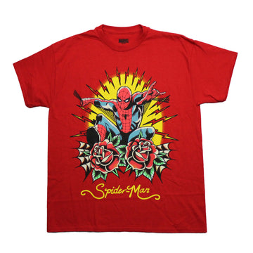 Spider-Man Mens T-Shirt - Jumping Over Roses Spidey Sense Activated