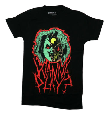 Chucky Child's Play Mens T-Shirt - Half Melted Neon Face "Wanna Play?"