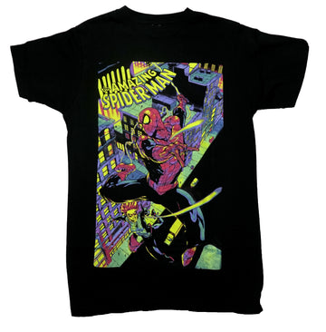 Spider-Man Mens T-Shirt - Over Colorful City Being Chased by Spider-Women