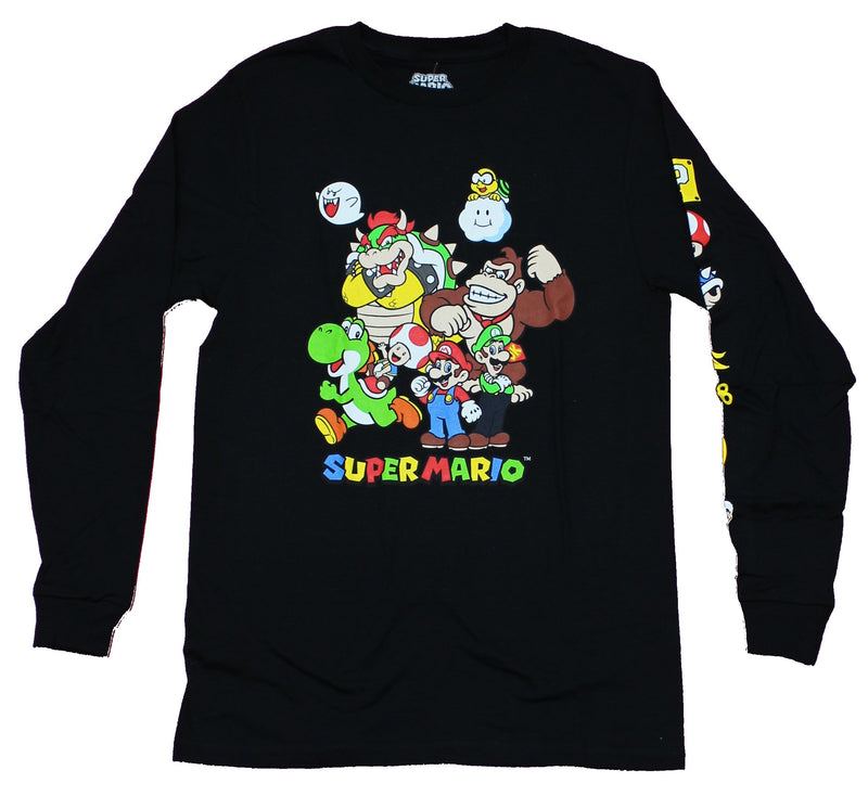 Super Mario Brothers Mens Long Sleeve T-Shirt -  Full Cast Over Word Logo